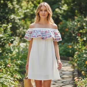 Blushing Heart Embroidered Off Shoulder Dress Womens Small White Boho NWT